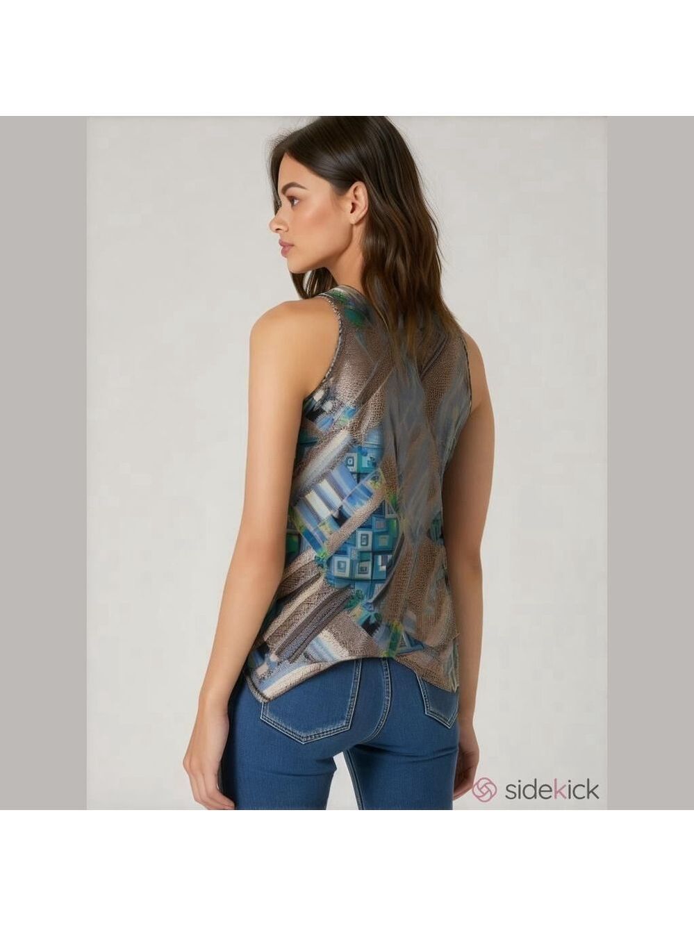 Pink Rose Blue Geometric Sleeveless Top Size M